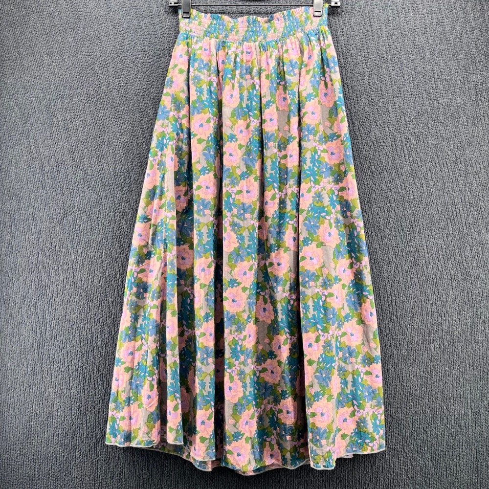 Natural Life Floral Smocked Waist Cotton Maxi Skirt Pink Blue Green Size S/M - Picture 2 of 6
